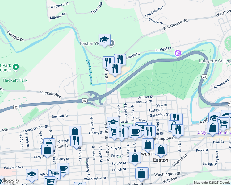 map of restaurants, bars, coffee shops, grocery stores, and more near 1162 North 12th Street in Easton