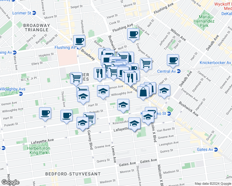 map of restaurants, bars, coffee shops, grocery stores, and more near 811 Willoughby Avenue in Brooklyn