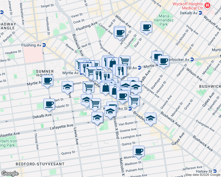map of restaurants, bars, coffee shops, grocery stores, and more near 1050 Broadway in Brooklyn
