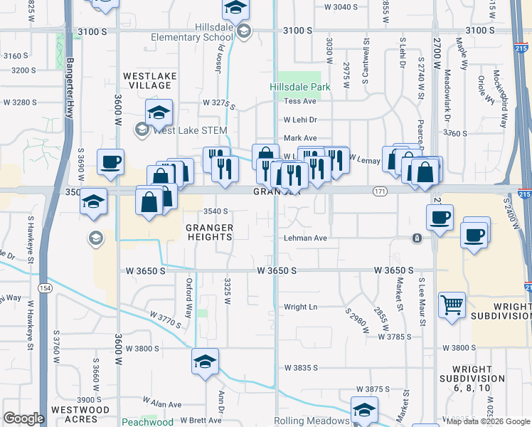 map of restaurants, bars, coffee shops, grocery stores, and more near 3544 South Linder Court in West Valley City