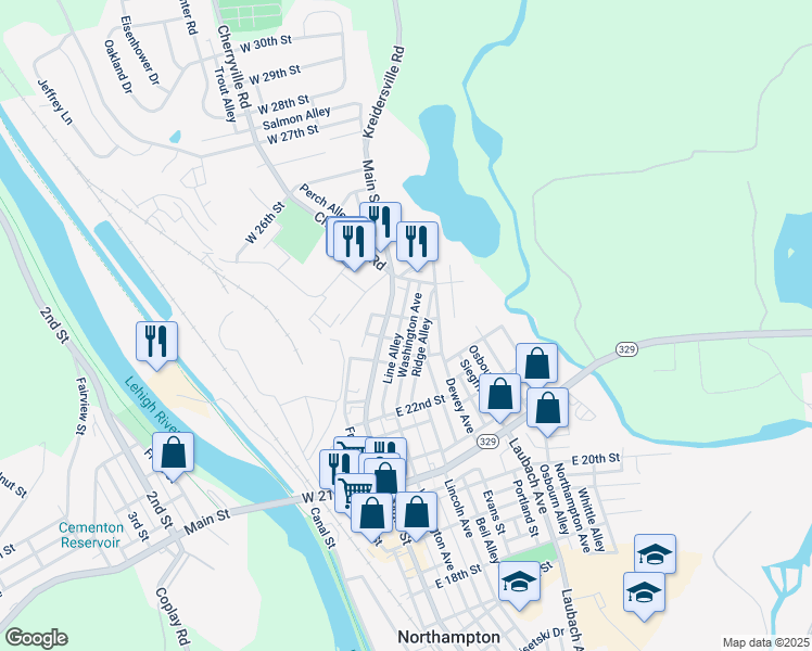 map of restaurants, bars, coffee shops, grocery stores, and more near 2360 Washington Avenue in Northampton