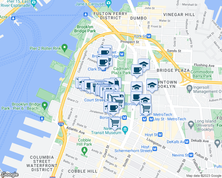 map of restaurants, bars, coffee shops, grocery stores, and more near 135 Pierrepont Street in Brooklyn