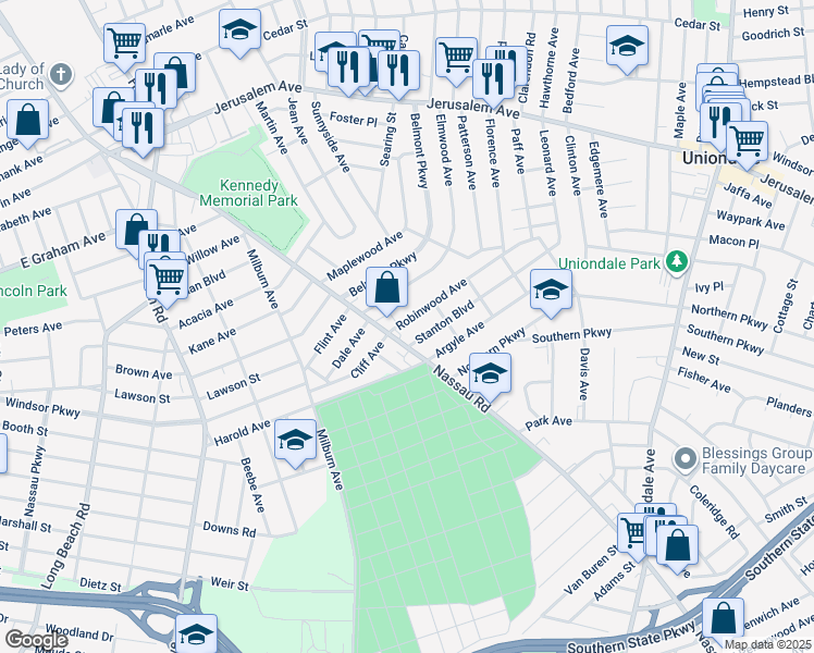 map of restaurants, bars, coffee shops, grocery stores, and more near 18 Robinwood Avenue in Hempstead