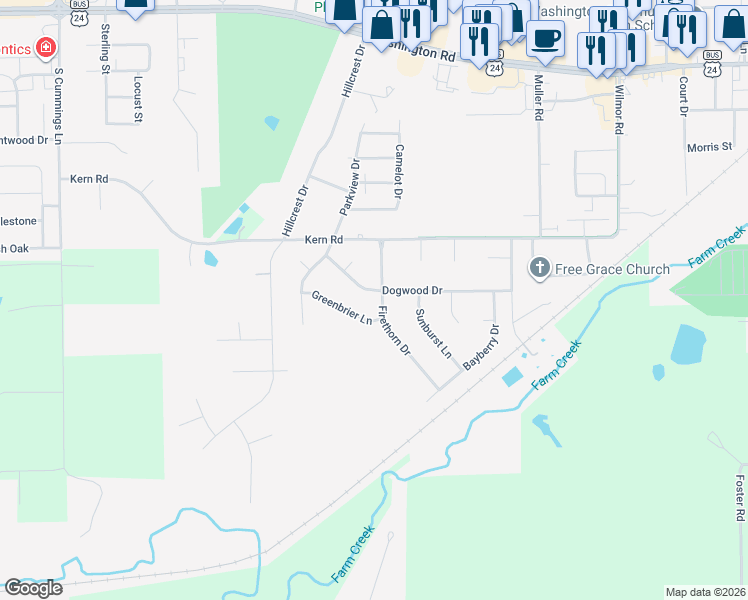 map of restaurants, bars, coffee shops, grocery stores, and more near 705 Firethorn Drive in Washington