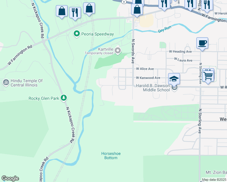 map of restaurants, bars, coffee shops, grocery stores, and more near 614 North Rohmann Court in West Peoria