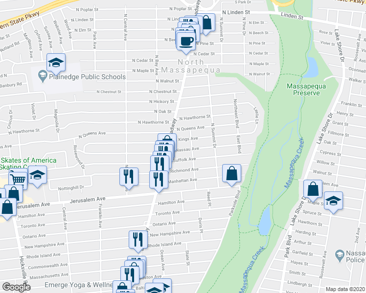 map of restaurants, bars, coffee shops, grocery stores, and more near 183 North Nassau Avenue in Massapequa