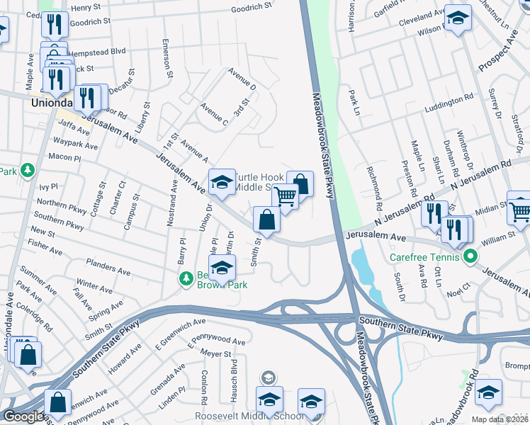 map of restaurants, bars, coffee shops, grocery stores, and more near 1041 Jerusalem Avenue in Uniondale