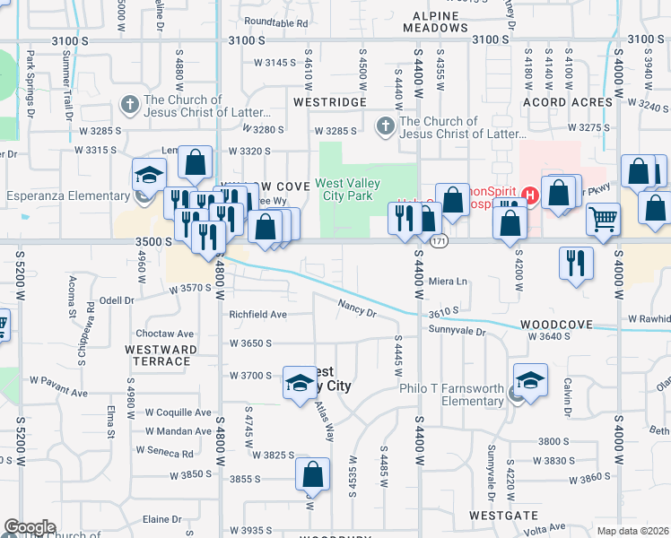 map of restaurants, bars, coffee shops, grocery stores, and more near 4570 West Pleasant Pine Court in West Valley City