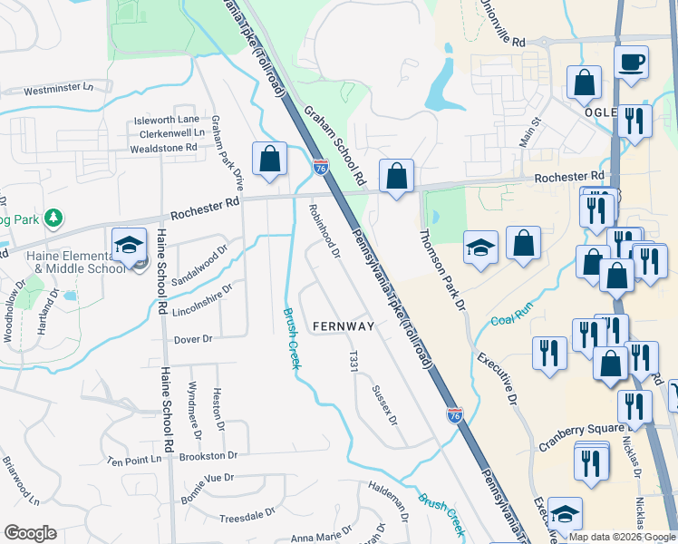 map of restaurants, bars, coffee shops, grocery stores, and more near 217 Sherwood Drive in Cranberry Township