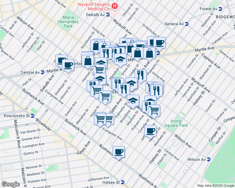 map of restaurants, bars, coffee shops, grocery stores, and more near 338 Wilson Avenue in Brooklyn