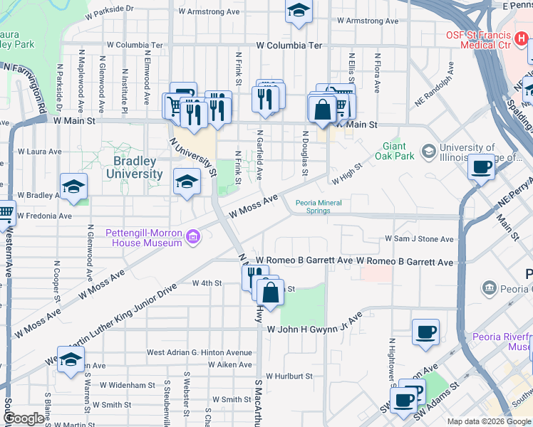 map of restaurants, bars, coffee shops, grocery stores, and more near 902 West Moss Avenue in Peoria
