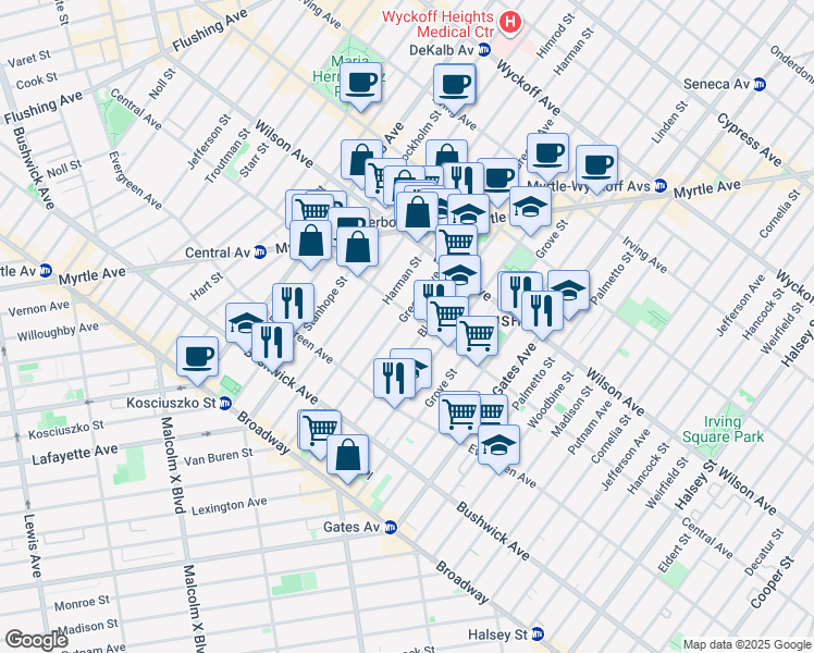 map of restaurants, bars, coffee shops, grocery stores, and more near in Brooklyn