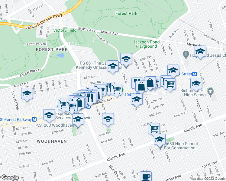 map of restaurants, bars, coffee shops, grocery stores, and more near 97-19 Jamaica Avenue in Queens