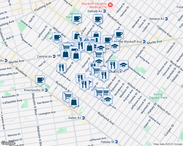 map of restaurants, bars, coffee shops, grocery stores, and more near in Brooklyn