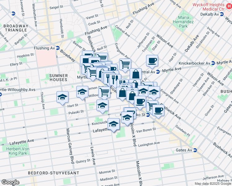 map of restaurants, bars, coffee shops, grocery stores, and more near 415 Hart Street in Brooklyn