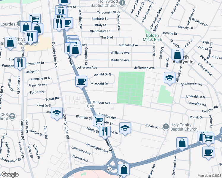 map of restaurants, bars, coffee shops, grocery stores, and more near 615 Broadway in Amityville