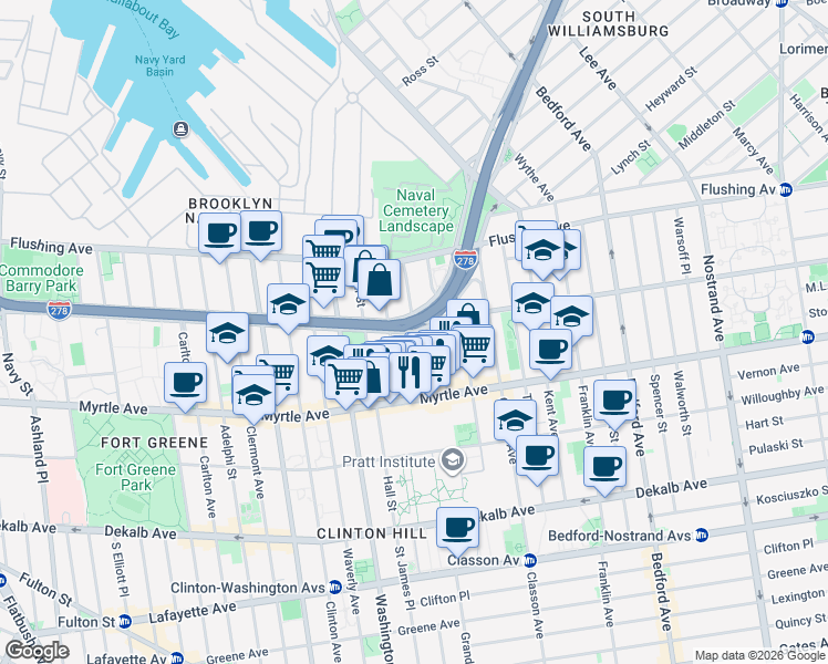 map of restaurants, bars, coffee shops, grocery stores, and more near Park Ave & Grand Ave in Brooklyn