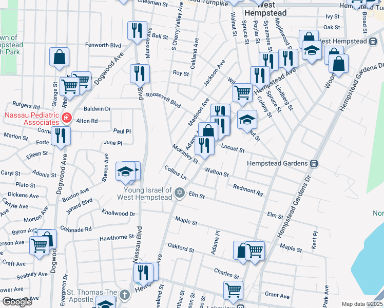 map of restaurants, bars, coffee shops, grocery stores, and more near 5071 Hempstead Avenue in West Hempstead