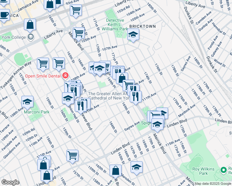map of restaurants, bars, coffee shops, grocery stores, and more near 167-16 Brinkerhoff Avenue in Queens