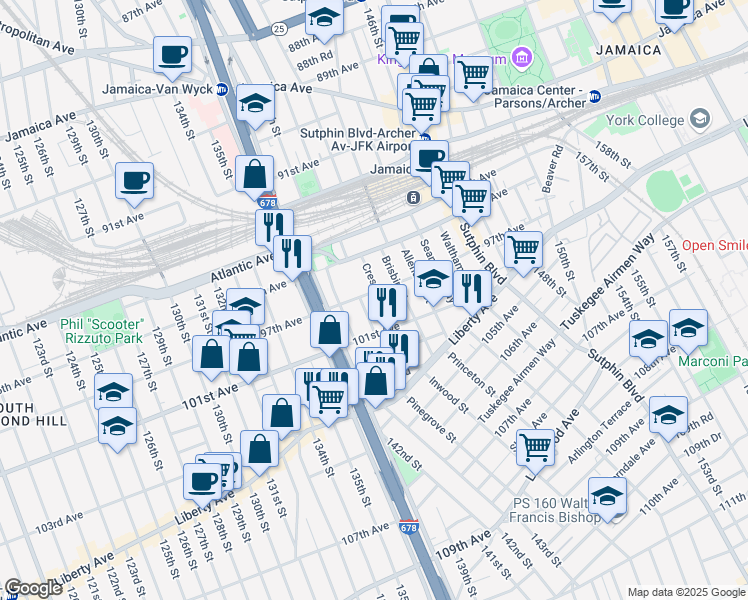 map of restaurants, bars, coffee shops, grocery stores, and more near 97-24 Sanders Place in Queens