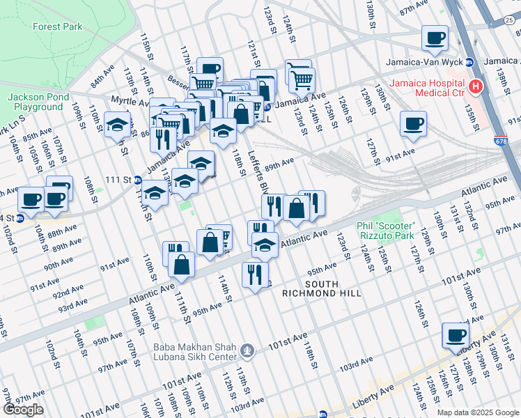 map of restaurants, bars, coffee shops, grocery stores, and more near 91-17 117th Street in Queens