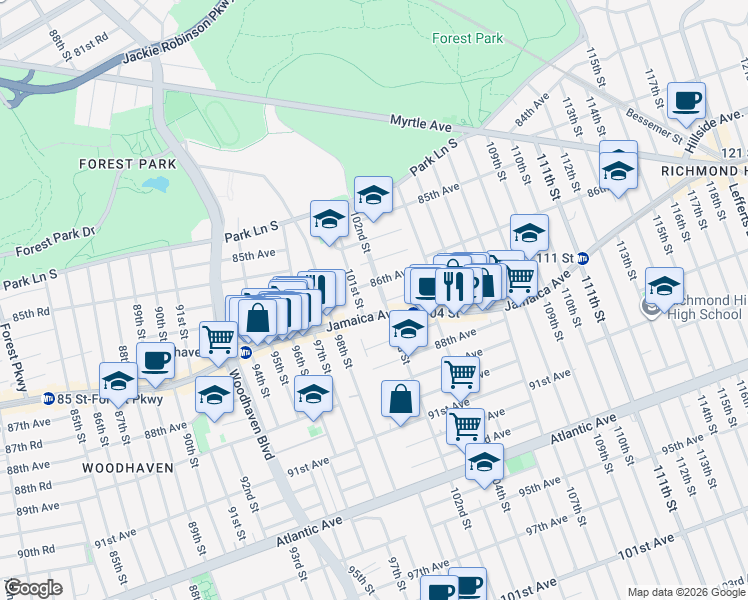 map of restaurants, bars, coffee shops, grocery stores, and more near 98-34 Jamaica Avenue in Queens