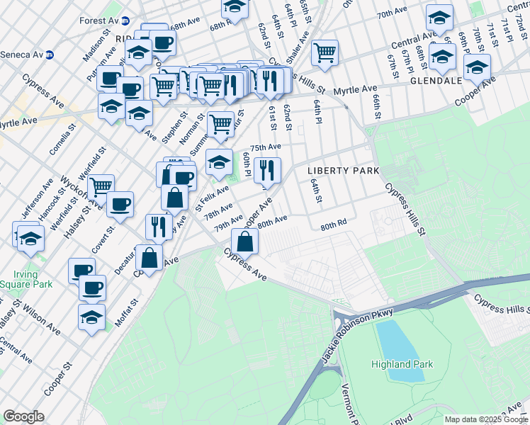 map of restaurants, bars, coffee shops, grocery stores, and more near 60-28 80th Avenue in Queens