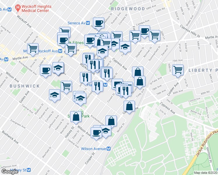 map of restaurants, bars, coffee shops, grocery stores, and more near in 