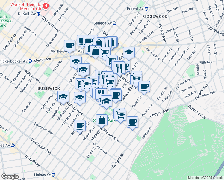 map of restaurants, bars, coffee shops, grocery stores, and more near 490 Irving Avenue in Brooklyn