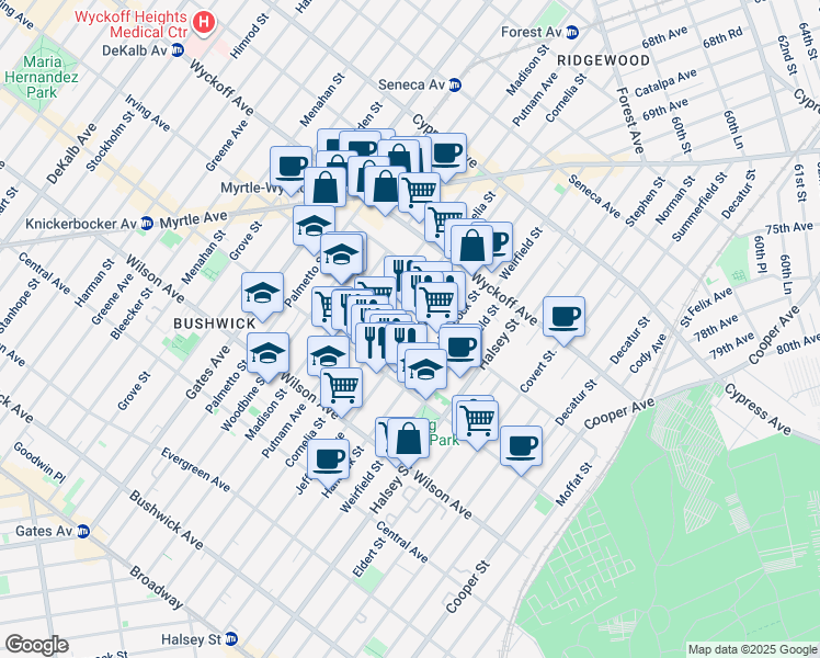 map of restaurants, bars, coffee shops, grocery stores, and more near 1398 Jefferson Avenue in Brooklyn