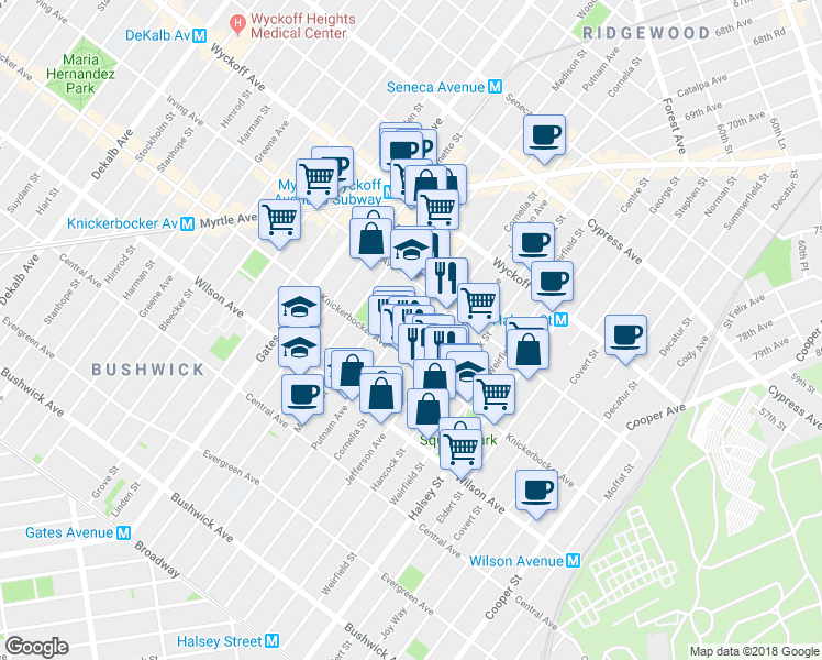 map of restaurants, bars, coffee shops, grocery stores, and more near 685 Knickerbocker Avenue in Brooklyn