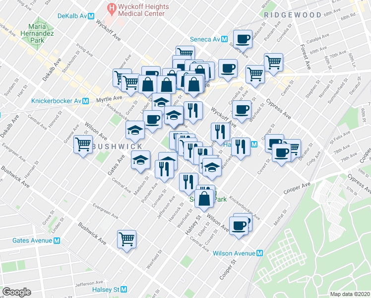 map of restaurants, bars, coffee shops, grocery stores, and more near 685 Knickerbocker Avenue in Brooklyn