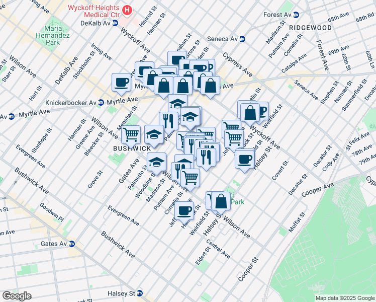 map of restaurants, bars, coffee shops, grocery stores, and more near 1385 Putnam Avenue in Brooklyn