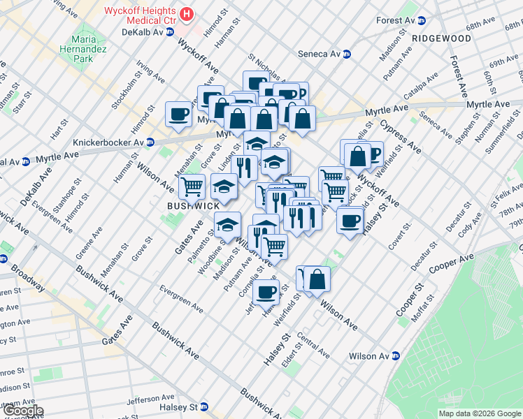 map of restaurants, bars, coffee shops, grocery stores, and more near 1385 Putnam Avenue in Brooklyn