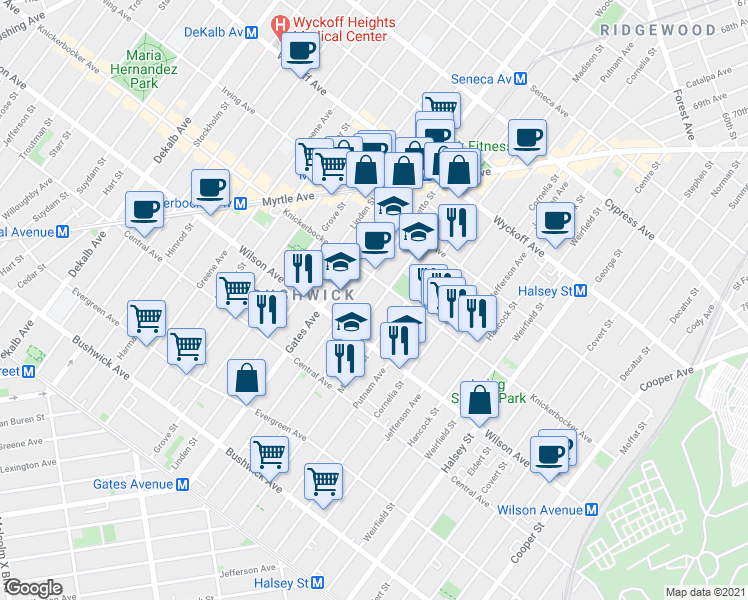 map of restaurants, bars, coffee shops, grocery stores, and more near 246 Woodbine Street in Brooklyn