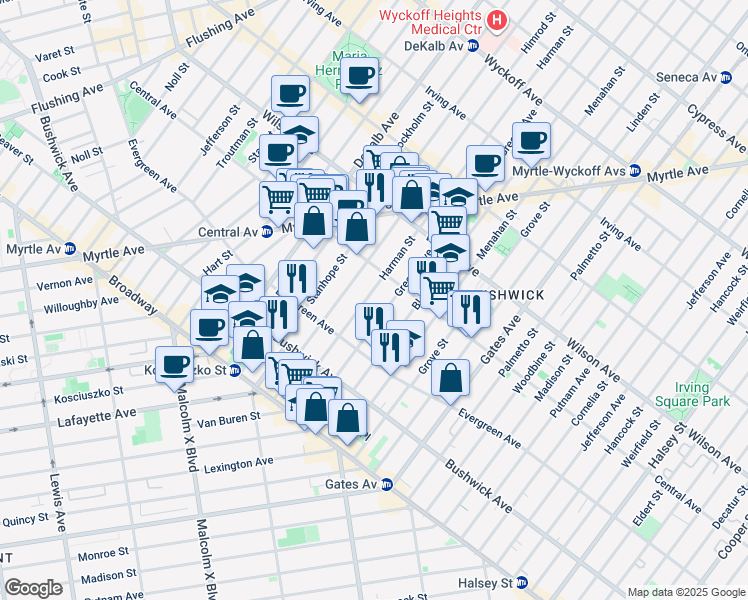 map of restaurants, bars, coffee shops, grocery stores, and more near 1161 Greene Avenue in Brooklyn