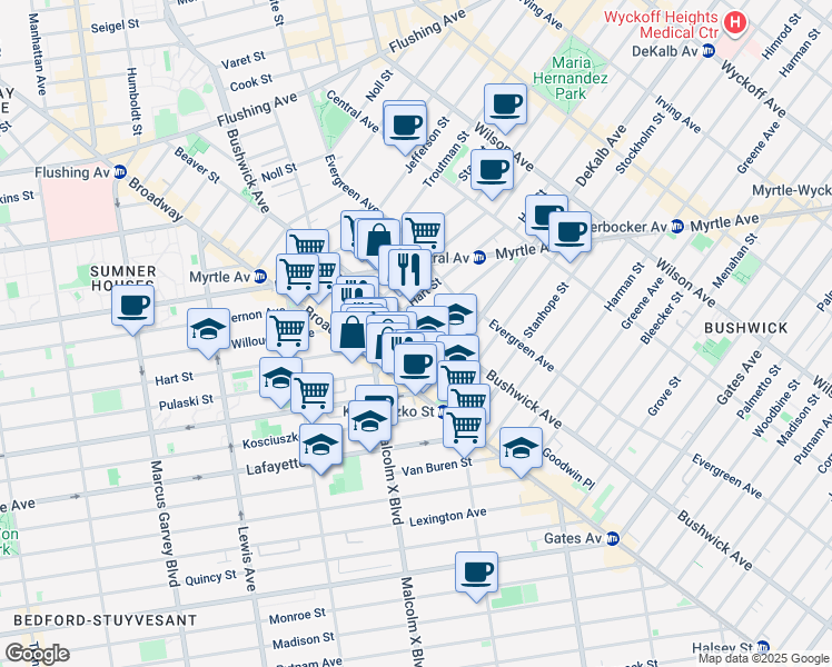 map of restaurants, bars, coffee shops, grocery stores, and more near 16 Lawton Street in Brooklyn