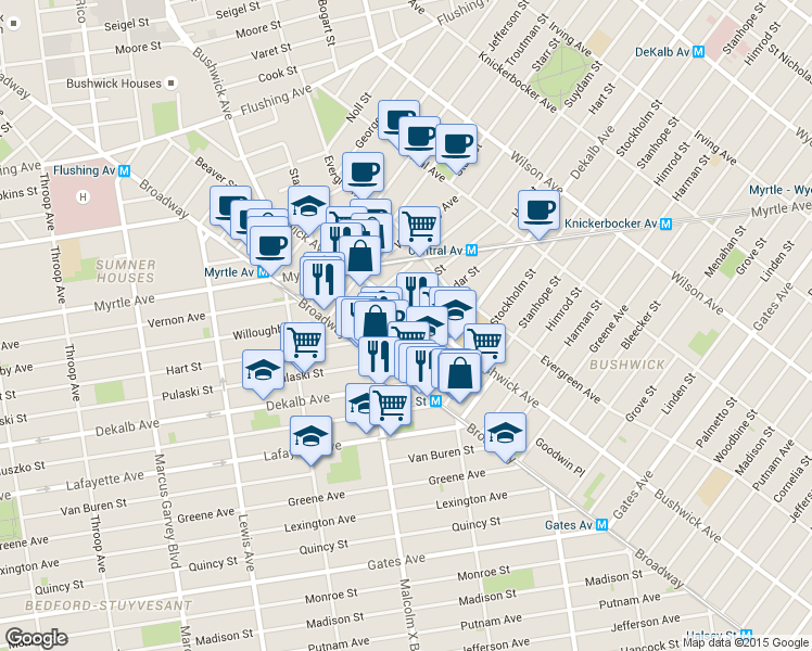 map of restaurants, bars, coffee shops, grocery stores, and more near 16 Lawton Street in Brooklyn