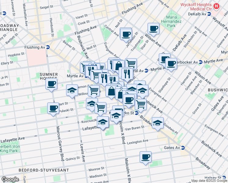 map of restaurants, bars, coffee shops, grocery stores, and more near 1050 Broadway in Brooklyn