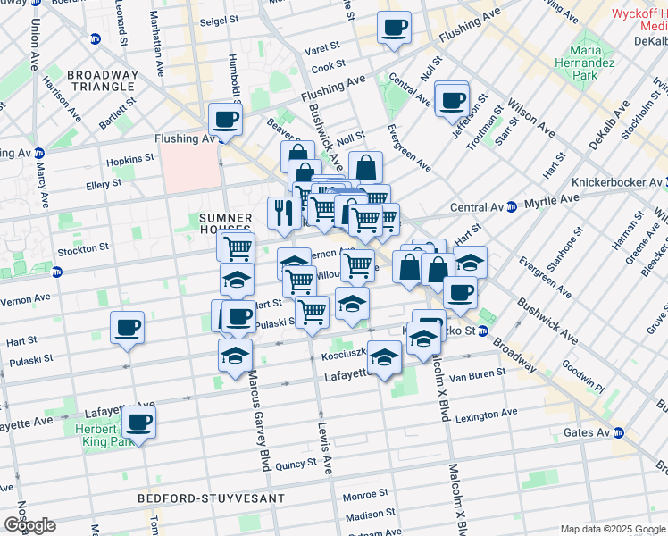 map of restaurants, bars, coffee shops, grocery stores, and more near 71 Lewis Avenue in Brooklyn