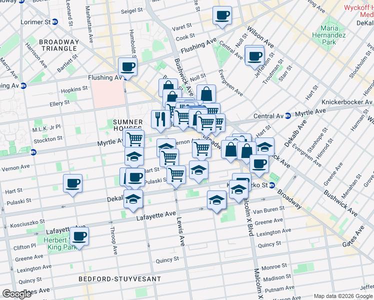 map of restaurants, bars, coffee shops, grocery stores, and more near 71 Lewis Avenue in Brooklyn