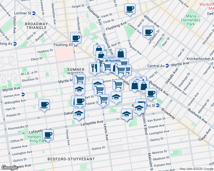map of restaurants, bars, coffee shops, grocery stores, and more near 71 Lewis Avenue in Brooklyn