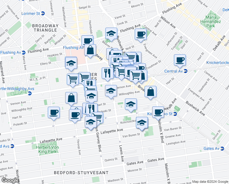 map of restaurants, bars, coffee shops, grocery stores, and more near 80 Lewis Avenue in Brooklyn
