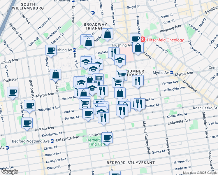 map of restaurants, bars, coffee shops, grocery stores, and more near 160 Vernon Avenue in Brooklyn