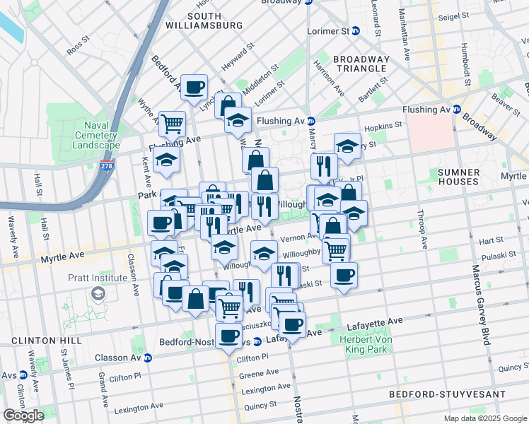 map of restaurants, bars, coffee shops, grocery stores, and more near in Brooklyn