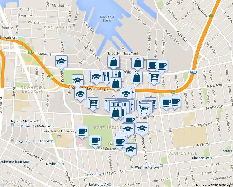 map of restaurants, bars, coffee shops, grocery stores, and more near 94 Adelphi Street in Brooklyn