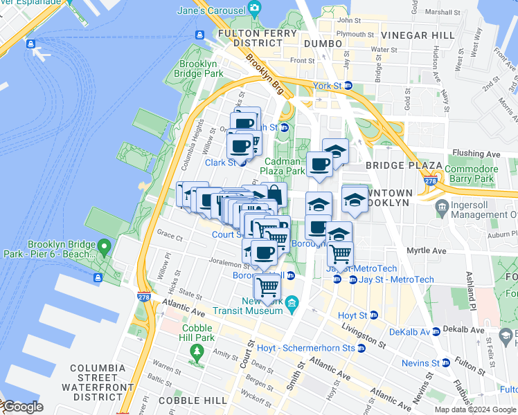 map of restaurants, bars, coffee shops, grocery stores, and more near 134 Pierrepont Street in Brooklyn