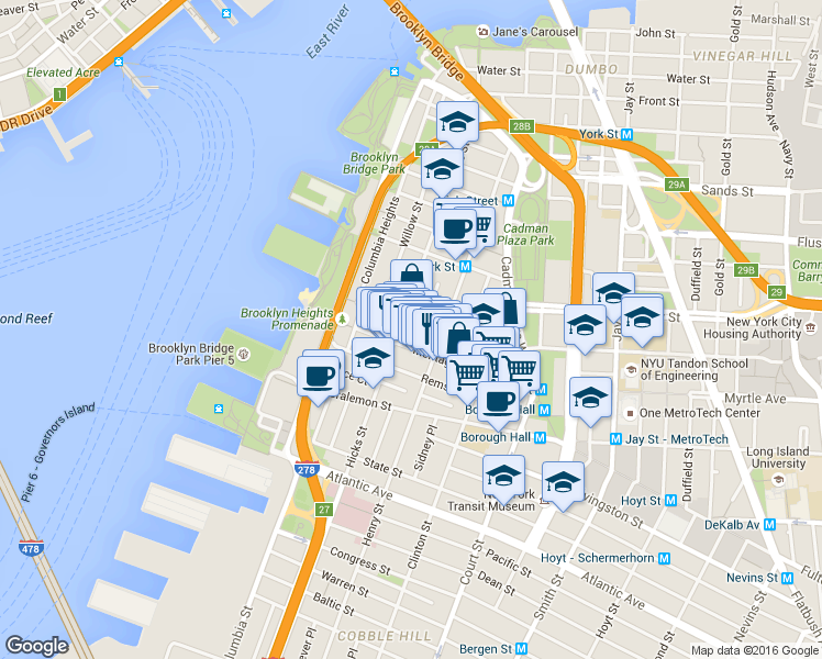 map of restaurants, bars, coffee shops, grocery stores, and more near 117 Montague Street in Brooklyn