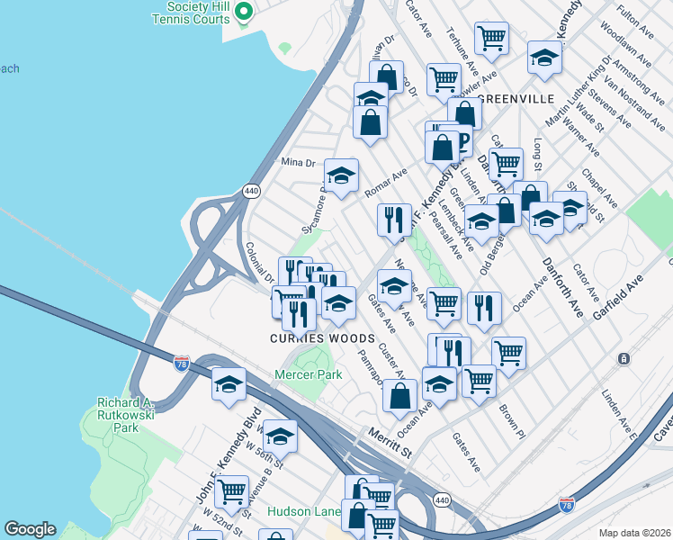 map of restaurants, bars, coffee shops, grocery stores, and more near 146 Pamrapo Avenue in Jersey City