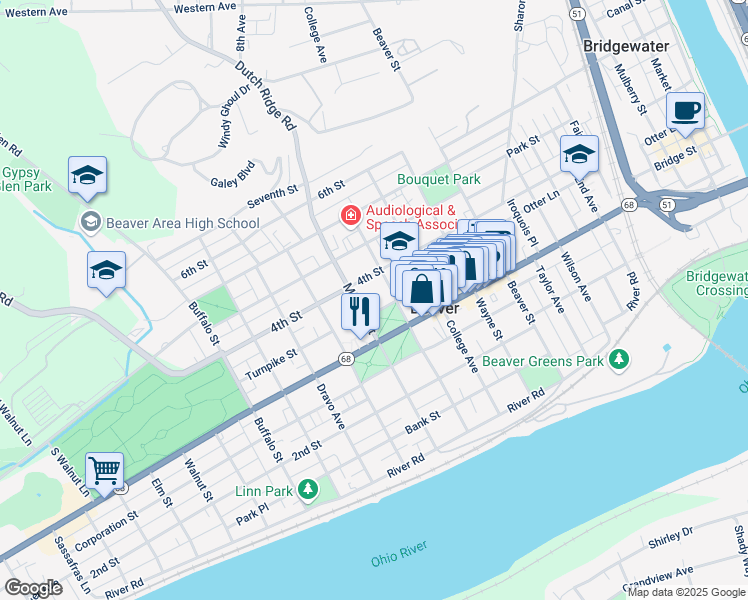 map of restaurants, bars, coffee shops, grocery stores, and more near Insurance Street in Beaver